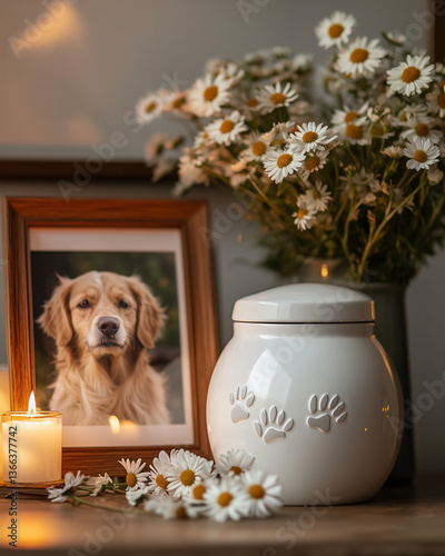 Pet memorial with ashes jar, dog photo, and daisies on table -  