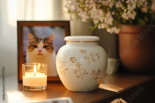 Cat memorial with decorative urn and candle against a cozy background  