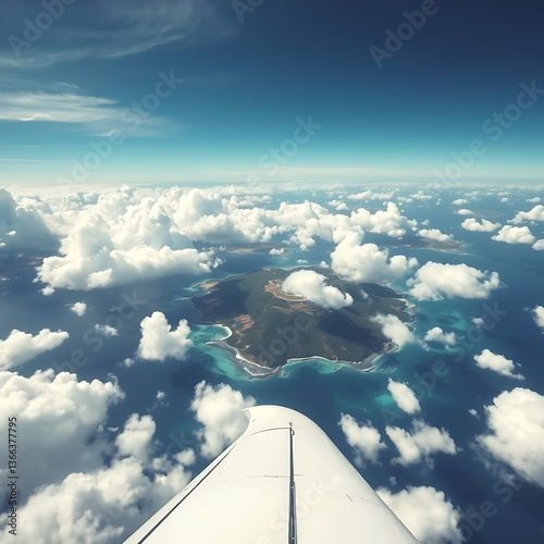 Wallpaper Mural Spectacular Aerial View from Airplane – Stunning Island with Crystal Clear Turquoise Waters, Surrounded by Fluffy White Clouds, Captured from Above in a Serene and Breathtaking Landscape Scene Torontodigital.ca