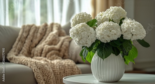 Elegant White Hydrangeas in a Modern Living Room With Cozy Decor