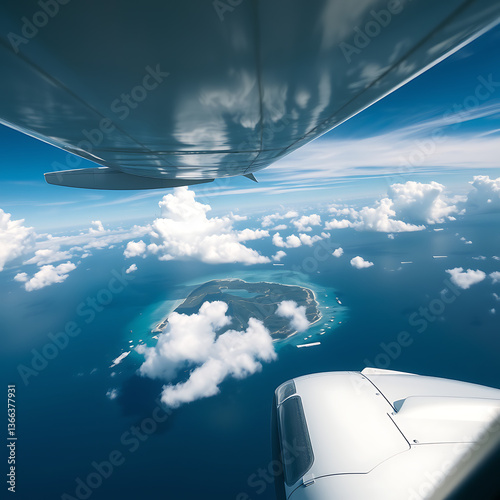 Wallpaper Mural Spectacular Aerial View from Airplane – Stunning Island with Crystal Clear Turquoise Waters, Surrounded by Fluffy White Clouds, Captured from Above in a Serene and Breathtaking Landscape Scene Torontodigital.ca