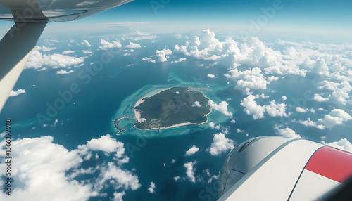 Wallpaper Mural Spectacular Aerial View from Airplane – Stunning Island with Crystal Clear Turquoise Waters, Surrounded by Fluffy White Clouds, Captured from Above in a Serene and Breathtaking Landscape Scene Torontodigital.ca