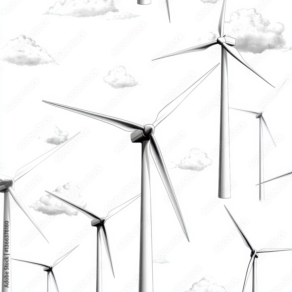 Stylized Wind Turbines and Clouds Create a Modern Eco-Friendly Pattern Generative AI