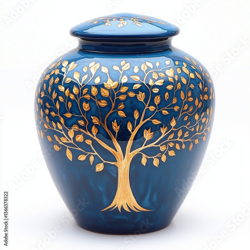Elegant blue urn with golden tree design  