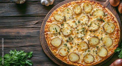 Delicious Potato Pizza Topped With Creamy Cheese and Herbs on Wooden Table