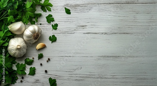 Fresh Garlic, Parsley, and Spices on Wooden Table for Cooking Preparations an...