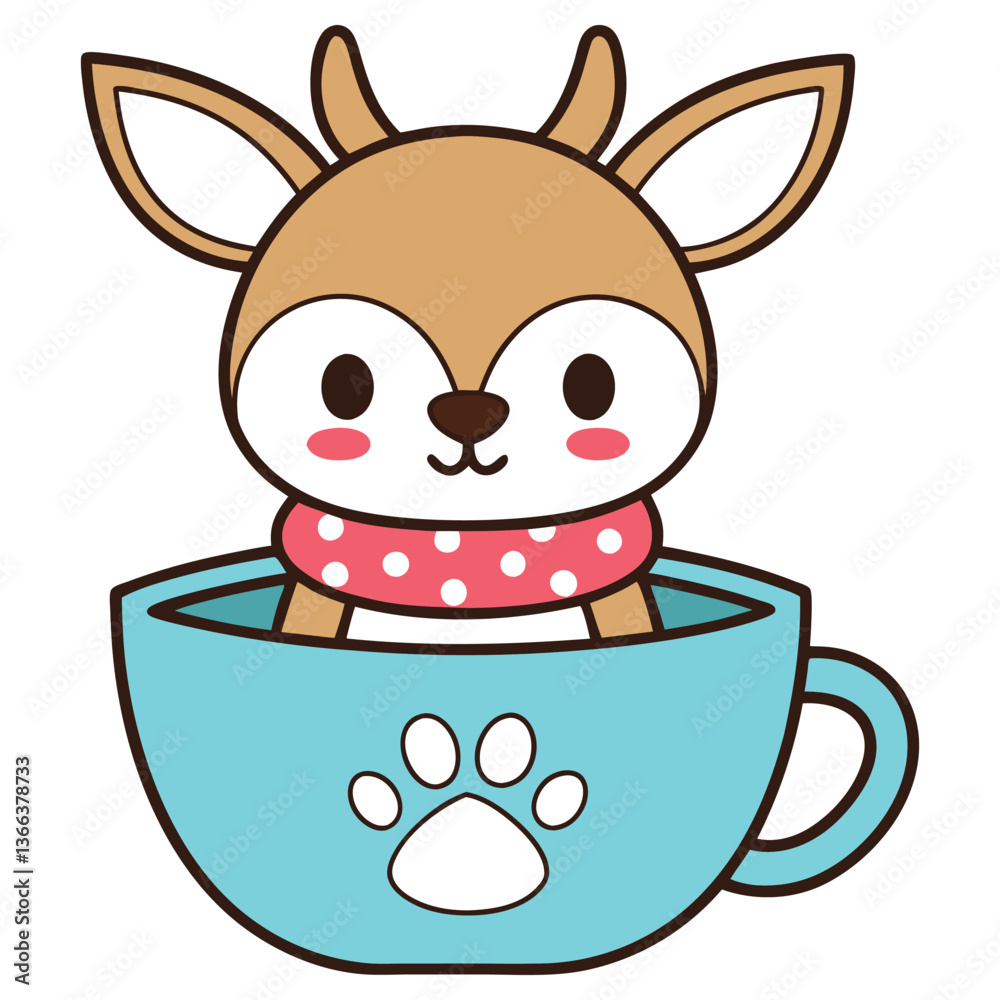 Fototapeta premium Charming Cartoon Deer with Polka Dot Scarf Sitting in Blue Cup on White
