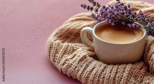 Cozy Cup of Coffee With Lavender on a Knitted Blanket in Soft Pink Tones