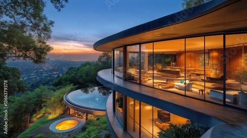 Modern Luxury House With Pool Overlooking City Skyline at Sunset in the Hills