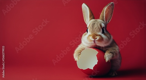 Cute Rabbit Holding a Red Egg With a Broken Shell Against a Bright Red Backgr...