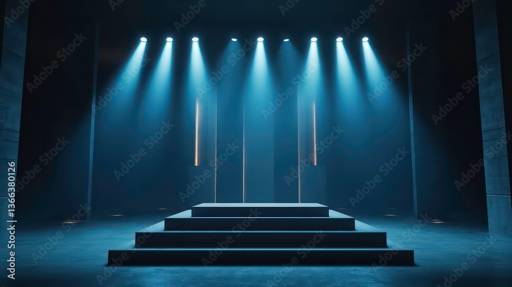 Naklejka premium Empty podium with spotlights. Business success, achievement concept. Indoor setting suggests corporate event ceremony. Potentially business meeting, award ceremony, product launch. Ideal for business