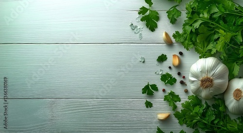 Fresh Garlic, Parsley, and Spices on Wooden Table for Cooking Preparations an...