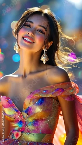 Smiling Woman in Colorful Dress