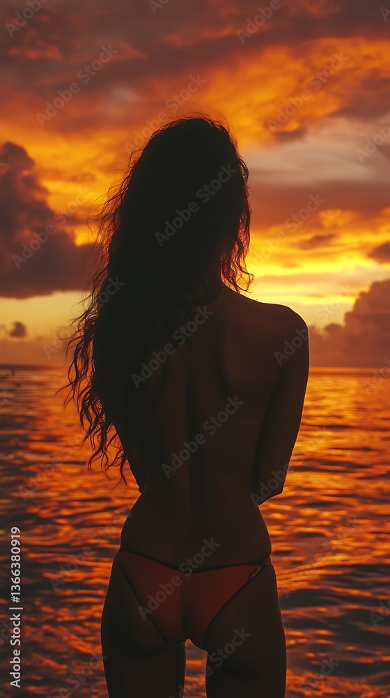 Fototapeta premium Sunset Silhouette Woman Beach.