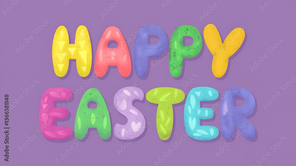 Fototapeta premium A collection of multicolored eggs spelling out the words 'Happy Easter' in vibrant colors with solid purple background and white letters, creating a festive and eye-catching Easter design festive vibe