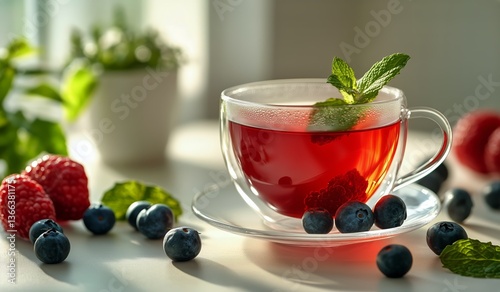 Fresh Berry Tea Served in a Clear Cup With Mint Leaves on a Rustic Table