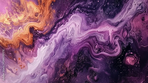 Dynamic abstract painting with flowing purple and orange hues, blending in a mesmerizing pattern. Perfect for art projects, modern decor, or creative digital designs.. AI Generation