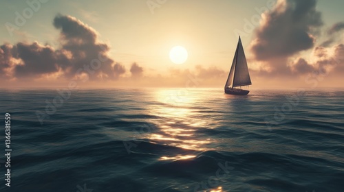 Serene Sailing Sunset: A solitary sailboat gracefully glides across the calm ocean as the sun sets, painting the sky with vibrant hues, creating a peaceful and awe-inspiring scene.