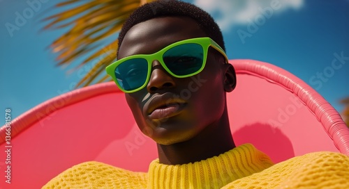 Stylish Young Man Enjoying a Sunny Day While Relaxing in a Pink Lounge Chair