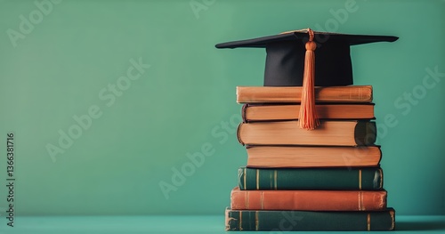 A Graduation Cap Rests on a Pile of Vintage Books, Symbolizing Academic Succe...