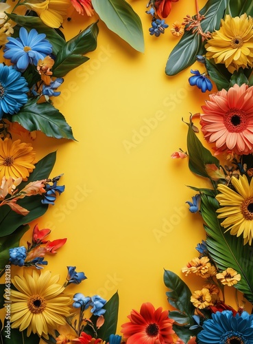 Bright Floral Arrangement on a Yellow Background With Various Colorful Flower...