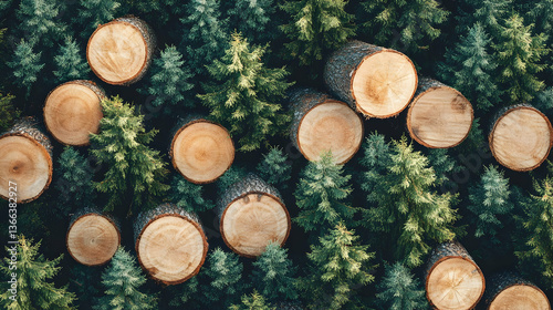 A brown stack of wooden barrels and a cut woodpile show the natural texture of timber