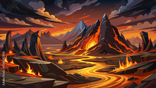 vector of dramatic volcanic landscape where molten lava flows down jagged rocks under a dark sky