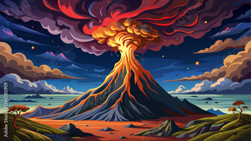 A powerful volcanic eruption with a plume of ash reaching high into the dark sky