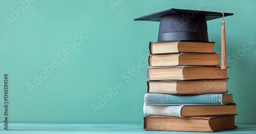 A Graduation Cap Rests on a Pile of Vintage Books, Symbolizing Academic Succe...