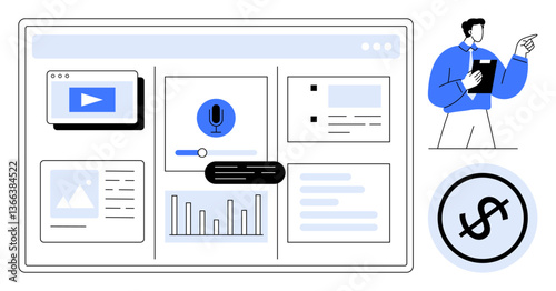 Interactive web dashboard with charts, microphone, video player, and dollar icon. Man pointing at tasks. Ideal for business, analytics, finance technology content creation planning teamwork. Flat