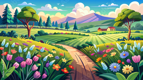A lush summer field with blooming floral plants, creating a stunning rural landscape