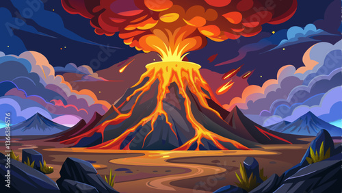 A fiery volcanic eruption with glowing lava, thick smoke, and ash filling the air
