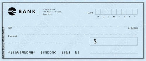 Blue Bank check, vector blank money cheque, checkbook template with guilloche pattern and fields. Currency payment coupon, money check background