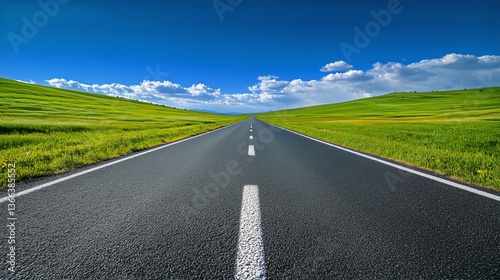 Open Road Stretches Through Green Fields Under a Clear Blue Sky