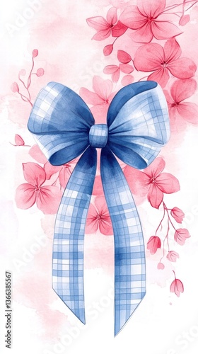 Cute Blue Gingham Ribbon Bow with Pink Floral Background – Watercolor Clipart on White