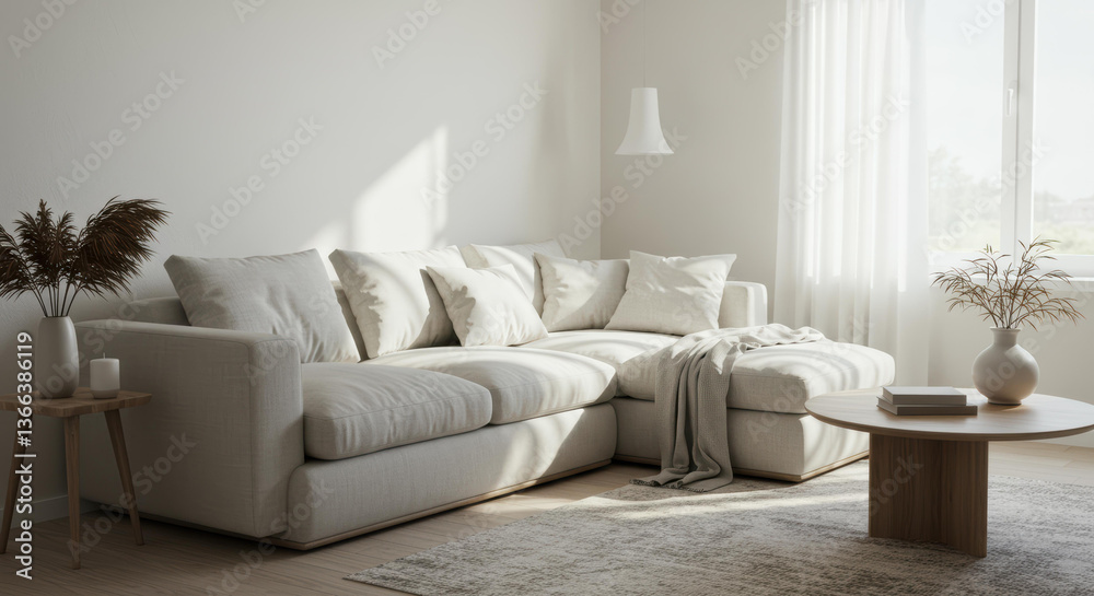 Fototapeta premium A bright living room showcases a plush white sectional sofa adorned with soft pillows. Natural light floods through large windows, highlighting the minimalist decor and a wooden coffee table
