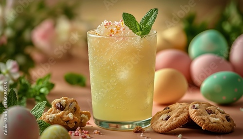 Refreshing Citrus Drink Garnished With Mint and Surrounded by Colorful Easter...