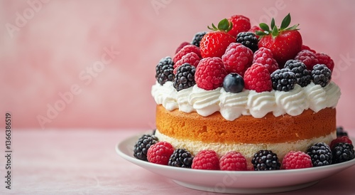 Delicious Berry Cake Topped With Fresh Strawberries and Cream on a Pastel Bac...