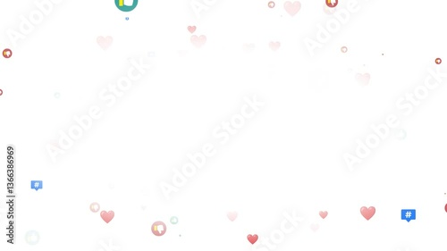 Swirling social media icons with like, dislike, heart and hashtag on a white background and a clean center copy space, representing social networking, digital relationships and emotional reactions.