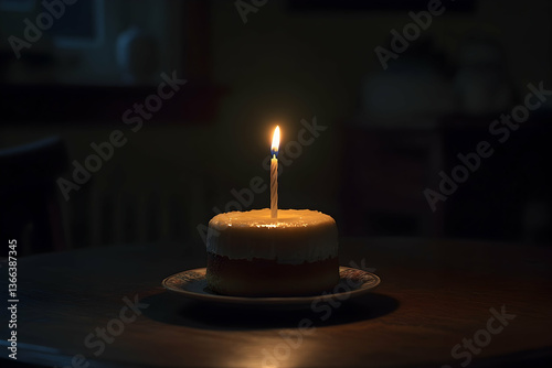 Solemn Birthday, A Single Candle Illuminates a Simple Cake in Darkness