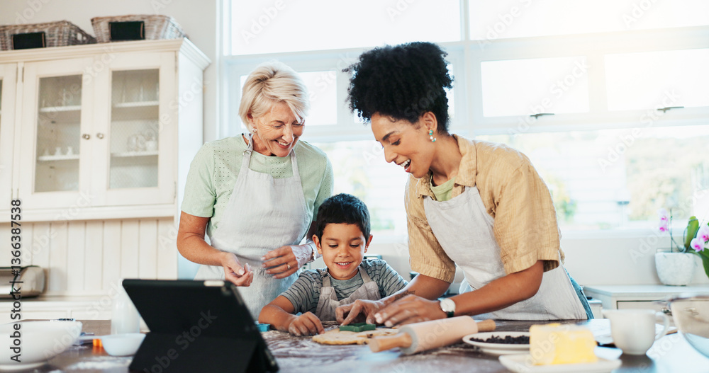 Fototapeta premium Tablet, family and mother baking with child in kitchen for online cookie recipe, video tutorial or development. Happy people, grandmother and teaching boy with dessert, snack preparation and learning