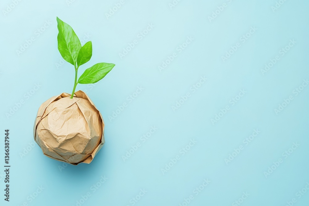Obraz premium The image depicts a flat lay of craft paper with green leaves sprouting upwards, conveying an earthy and biodegradable theme that is free from plastic, on a calming mint background with space for