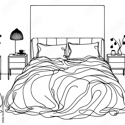 Simple line drawing of a cozy bedroom with a bed and nightstands  