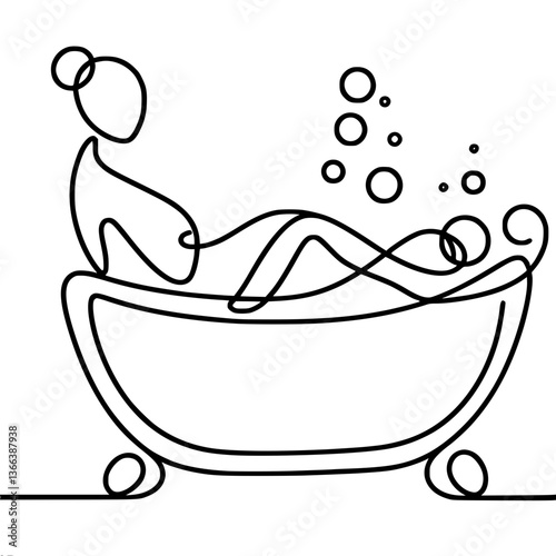 Woman relaxing in a bathtub with bubbles in a minimalist style  