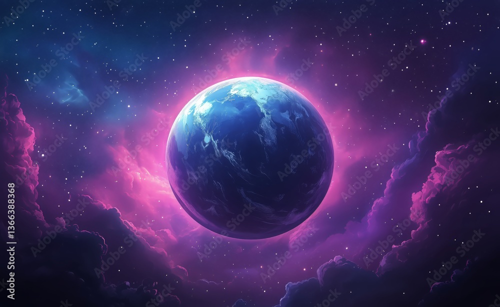 Obraz premium Vibrant View of Earth Surrounded by Cosmic Clouds in a Stunning Galaxy Setting