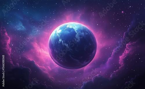 Vibrant View of Earth Surrounded by Cosmic Clouds in a Stunning Galaxy Setting
