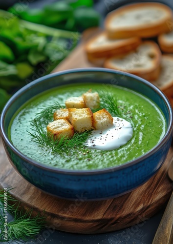 Delicious Green Soup With Croutons and Herbs Served in a Rustic Bowl