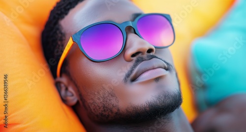 Man Relaxing on Inflatable Float in Sunny Outdoor Setting With Bright Sunglasses