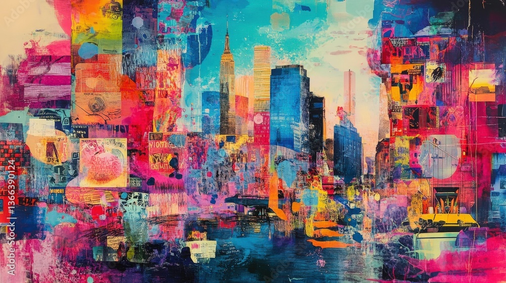 An abstract painting depicts a colorful cityscape with buildings present An abstract painting depicts a colorful cityscape with buildings present