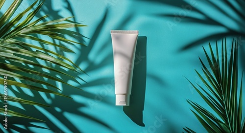 Beauty Product Displayed on Turquoise Background With Palm Leaves in Bright L...